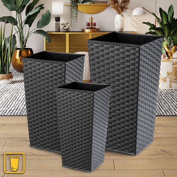 KADAX 3er Set Pflanzkübel mit Innentopf 46,5/57,5/68 cm Höhe, Grafit Rattan – wetterfeste & robuste Blumenkübel aus Kunststoff, Blumentöpfe für Innen- & Außenbereich