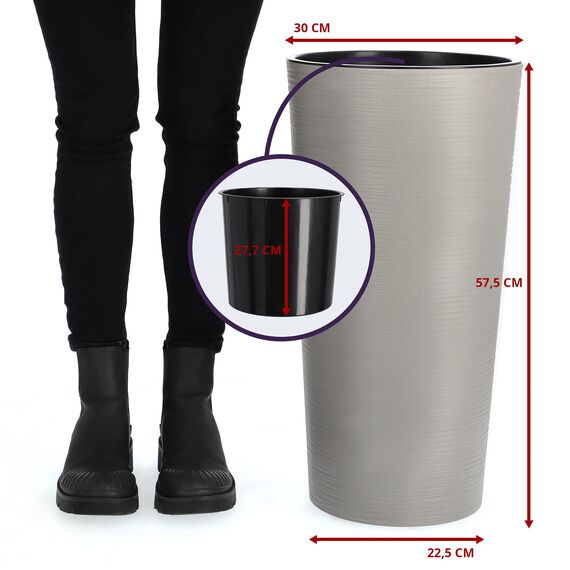 KADAX Pflanzkübel mit Innentopf Grau Ø 30 cm, Höhe 57.5 cm – Moderner Pflanztopf mit Einsatz, Blumentopf aus robuster Kunststoff für Innen- und Außenbereich, ideal für Wohnzimmer, Balkon, Büro