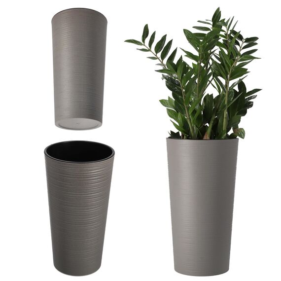 KADAX Pflanzkübel mit Innentopf Grau Ø 25 cm, Höhe 47 cm – Moderner Pflanztopf mit Einsatz, Blumentopf aus robuster Kunststoff für Innen- und Außenbereich, ideal für Wohnzimmer, Balkon, Büro