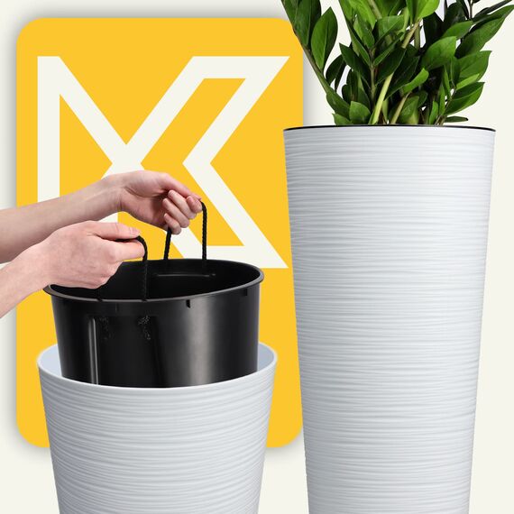 KADAX Pflanzkübel mit Innentopf Weiß Ø 30 cm, Höhe 57.5 cm – Moderner Pflanztopf mit Einsatz, Blumentopf aus robuster Kunststoff für Innen- und Außenbereich, ideal für Wohnzimmer, Balkon, Büro