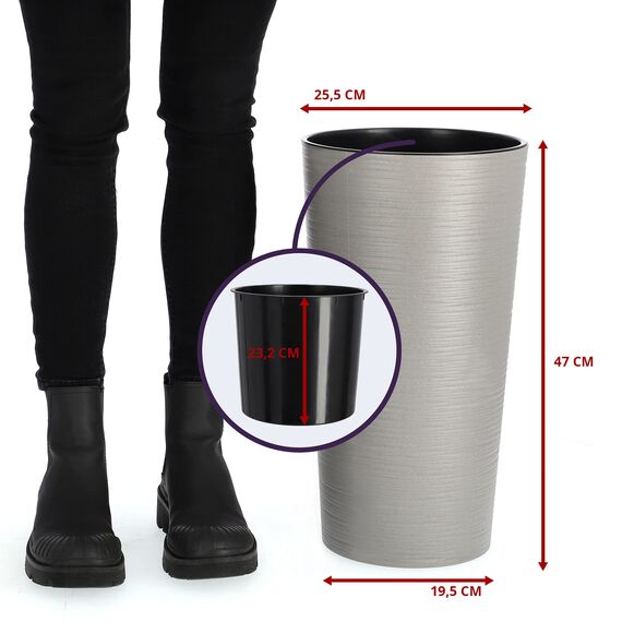 KADAX Pflanzkübel mit Innentopf Grau Ø 25 cm, Höhe 47 cm – Moderner Pflanztopf mit Einsatz, Blumentopf aus robuster Kunststoff für Innen- und Außenbereich, ideal für Wohnzimmer, Balkon, Büro