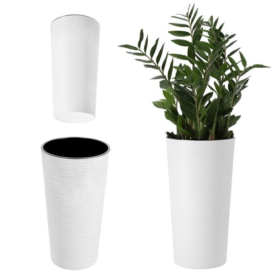 KADAX Pflanzkübel mit Innentopf Weiß Ø 30 cm, Höhe 57.5 cm – Moderner Pflanztopf mit Einsatz, Blumentopf aus robuster Kunststoff für Innen- und Außenbereich, ideal für Wohnzimmer, Balkon, Büro