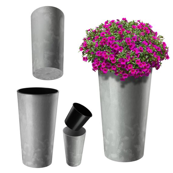KADAX Pflanzkübel mit Innentopf Grau Ø 14 cm, Höhe 26.1 cm – Moderner Pflanztopf mit Einsatz, Blumentopf aus robuster Kunststoff für Innen- und Außenbereich, ideal für Wohnzimmer, Balkon, Büro