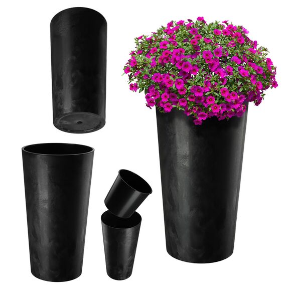 KADAX Pflanzkübel mit Innentopf Schwarz Ø 19.5 cm, Höhe 36.8 cm – Moderner Pflanztopf mit Einsatz, Blumentopf aus robuster Kunststoff für Innen- und Außenbereich, ideal für Wohnzimmer, Balkon, Büro