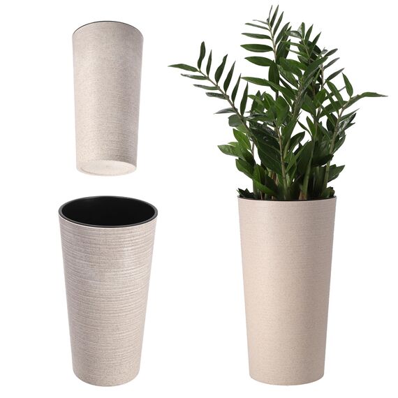 KADAX Pflanzkübel mit Innentopf Creme Ø 30 cm, Höhe 57.5 cm – Moderner Pflanztopf mit Einsatz, Blumentopf aus robuster Kunststoff für Innen- und Außenbereich, ideal für Wohnzimmer, Balkon, Büro
