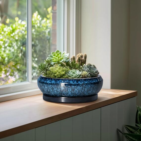 EPFamily Bonsaitöpfe aus Keramik, 30,5 cm, mit Ablauflöchern und Untersetzern, Blau