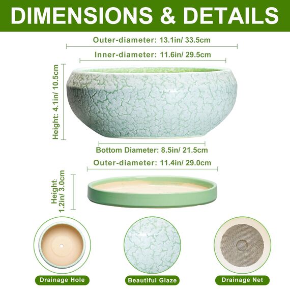 EPFamily Bonsaitöpfe aus Keramik, 30,5 cm, mit Ablauflöchern und Untersetzern, grün-weiß