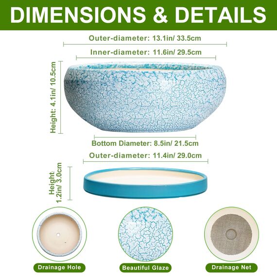 EPFamily Bonsaitöpfe aus Keramik, 30,5 cm, mit Ablauflöchern und Untersetzern, blau-weiß