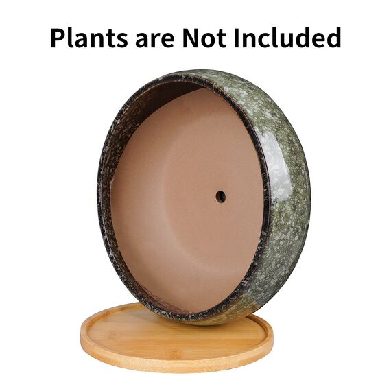 EPFamily Bonsai-Pflanztopf aus Keramik, glasiert, flach, Sukkulenten-Übertopf mit Ablaufloch und Untersetzer aus Bambus für Zimmerpflanzen, 20,3 cm, Grün