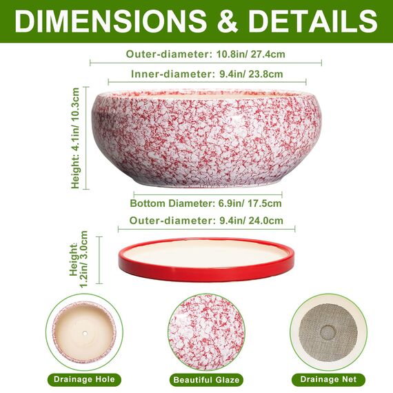 EPFamily Bonsai-Töpfe aus Keramik, 25,4 cm, mit Ablauflöchern und Untersetzern, Rot