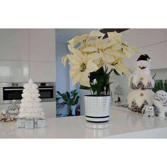 KORAD Blumentopf/Übertopf Weiß mit Streifen 26 cm - Pflanzkübel aus Hochwertiger Kunststoff - Dekorativer Topf für Pflanzen