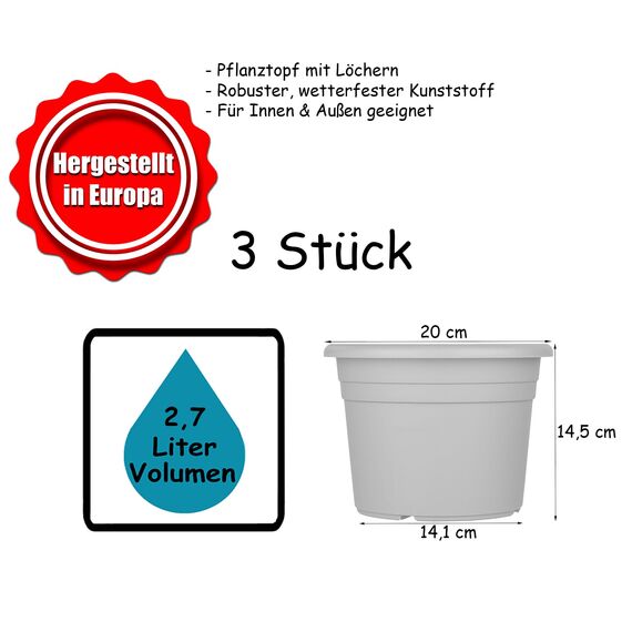 BigDean 3X Blumentopf Ø 20 cm Farbe Terrakotta Kunststoff Pflanztopf Containertopf Übertopf Pflanzkübel rund 20 x 14,5 cm