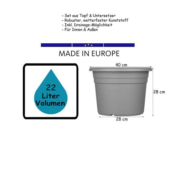BigDean 3X Blumentopf Ø 40 cm Farbe Terrakotta Kunststoff Pflanztopf Containertopf Übertopf Pflanzkübel rund 40 x 28 cm