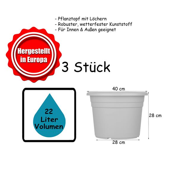 BigDean 3X Blumentopf Ø 40 cm Farbe Anthrazit Kunststoff Pflanztopf Containertopf Übertopf Pflanzkübel rund 40 x 28 cm