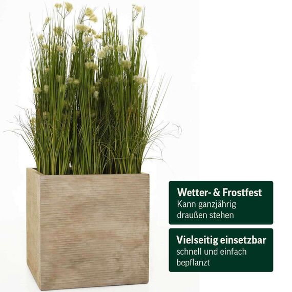 VIVANNO Pflanzkübel Fiberglas Block Frostsicher - 50x50x50 cm - Gestreift Beige - Blumenkübel Quadratisch für Draußen und Drinnen