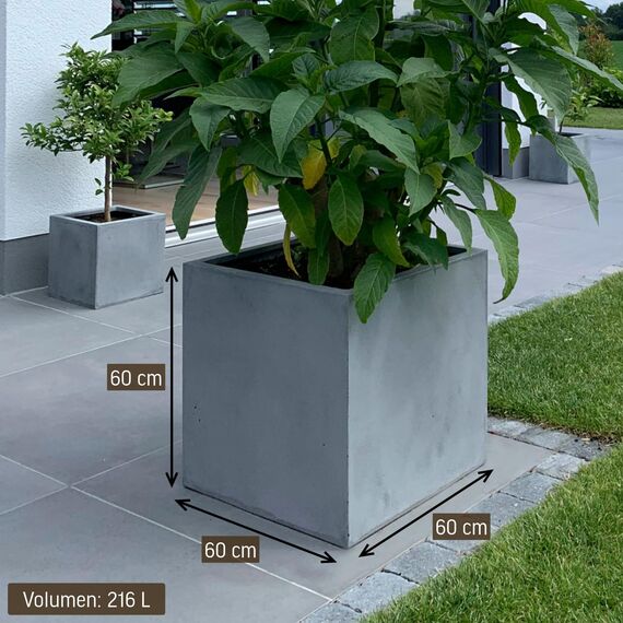 VIVANNO Pflanzkübel Fiberglas Block Frostsicher - 60x60x60 cm - Beton-Design Grau - Blumenkübel Quadratisch für Draußen und Drinnen