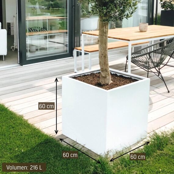 VIVANNO Pflanzkübel Fiberglas Block Frostsicher - 60x60x60 cm - Weiß Matt - Blumenkübel Quadratisch für Draußen und Drinnen