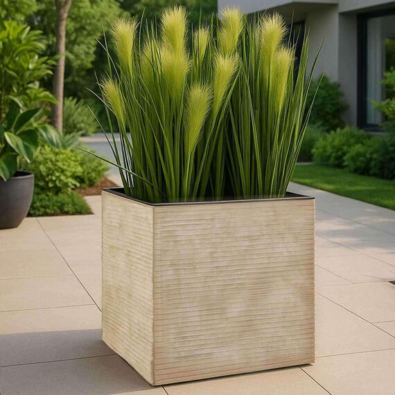 VIVANNO Pflanzkübel Fiberglas Block Frostsicher - 40x40x40 cm - Gestreift Beige - Blumenkübel Quadratisch für Draußen und Drinnen