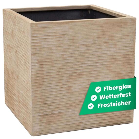 VIVANNO Pflanzkübel Fiberglas Block Frostsicher - 40x40x40 cm - Gestreift Beige - Blumenkübel Quadratisch für Draußen und Drinnen