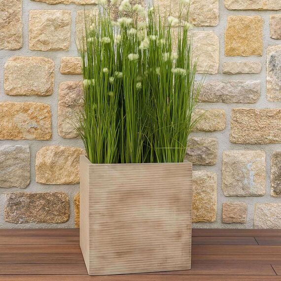 VIVANNO Pflanzkübel Fiberglas Block Frostsicher - 50x50x50 cm - Gestreift Beige - Blumenkübel Quadratisch für Draußen und Drinnen