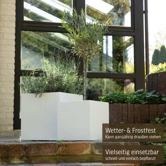 VIVANNO Pflanzkübel Fiberglas Block Frostsicher - 40x40x40 cm - Weiß Matt - Blumenkübel Quadratisch für Draußen und Drinnen