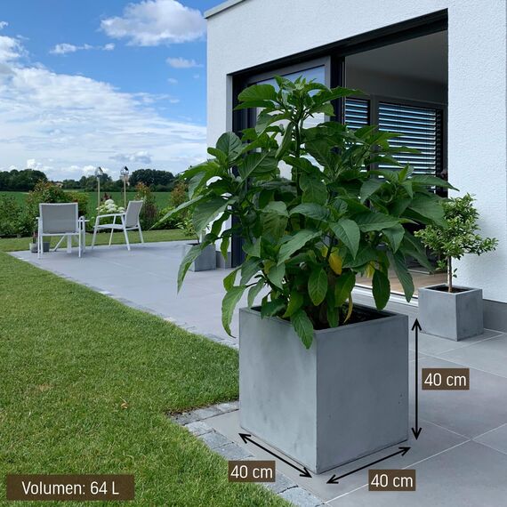VIVANNO Pflanzkübel Fiberglas Block Frostsicher - 40x40x40 cm - Beton-Design Grau - Blumenkübel Quadratisch für Draußen und Drinnen