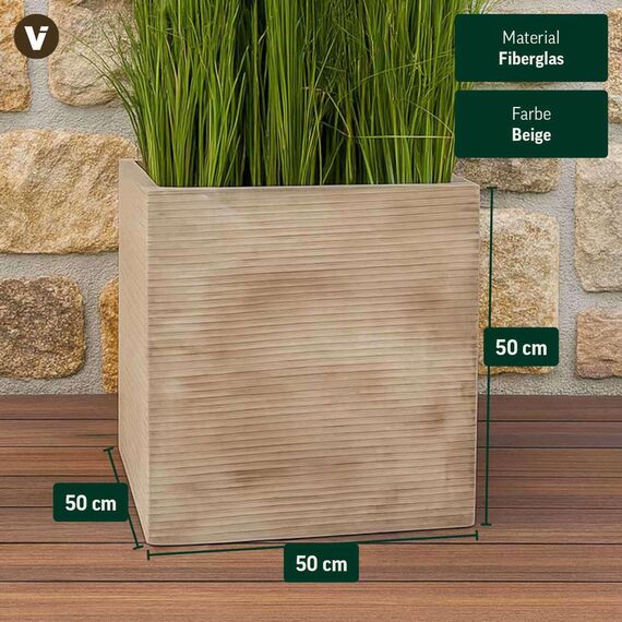 VIVANNO Pflanzkübel Fiberglas Block Frostsicher - 50x50x50 cm - Gestreift Beige - Blumenkübel Quadratisch für Draußen und Drinnen