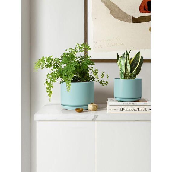 LE TAUCI 3er Pack Keramik Blumentöpfe, 11+13+17 cm Durchmesser Klein Übertöpfe Set, Blumentopf für Zimmerpflanzen mit Untersetzer und Abflussloch, Aqua