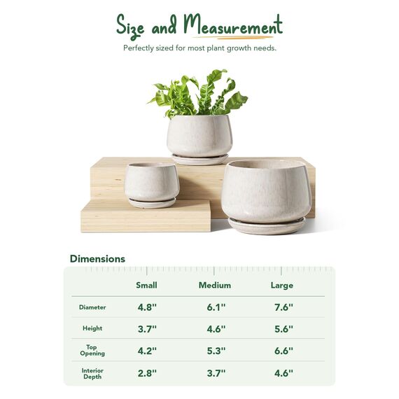 LE TAUCI Keramik Blumentöpfe mit Untersetzer, 10+13+16 cm Durchmesser Klein Blumentöpfe Set, 3er Set Übertöpfe für Zimmerpflanzen, Pflanztöpfe mit Abflussloch, Reaktive Glasur Beige