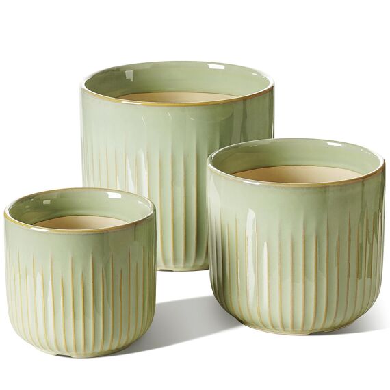 LE TAUCI 3er Set Blumentopf Keramik, 21+17+14 cm Durchmesser Ubertopf für Zimmerpflanzen, Plfanztopf mit Drainagelöchern, Mittelgroßer Zylinder Blumentopf, Reaktive Glasur Salbeigrün