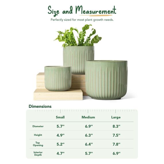 LE TAUCI 3er Set Blumentopf Keramik, 21+17+14 cm Durchmesser Ubertopf für Zimmerpflanzen, Plfanztopf mit Drainagelöchern, Mittelgroßer Zylinder Blumentopf, Reaktive Glasur Salbeigrün