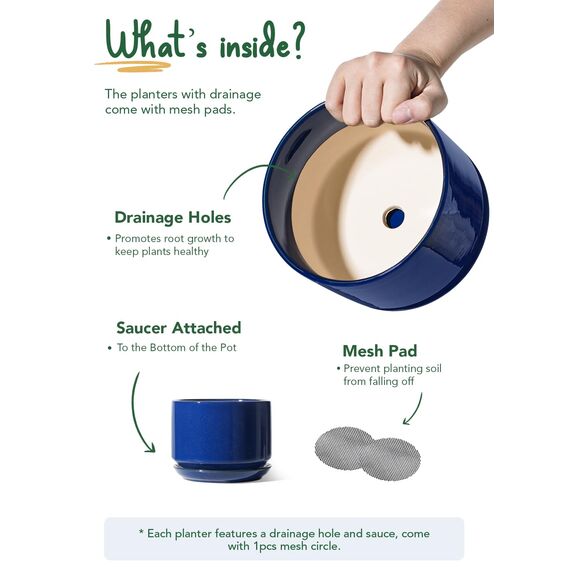 LE TAUCI 3er Pack Keramik Blumentöpfe, 11+13+17 cm Durchmesser Klein Übertöpfe Set, Blumentopf für Zimmerpflanzen mit Untersetzer und Abflussloch, Saphrine Blau