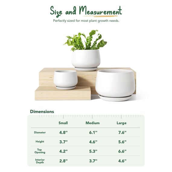 LE TAUCI Keramik Blumentöpfe mit Untersetzer, 10+13+16 cm Durchmesser Klein Blumentöpfe Set, 3er Set Übertöpfe für Zimmerpflanzen, Pflanztöpfe mit Abflussloch, Weiß