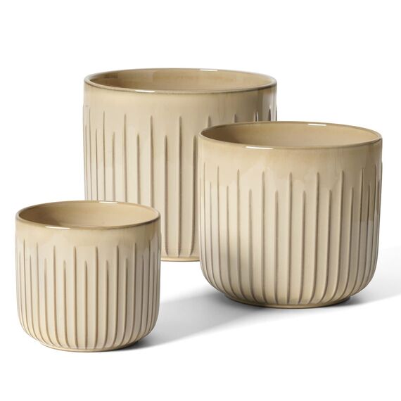 LE TAUCI 3er Set Blumentopf Keramik, 21+17+14 cm Durchmesser Ubertopf für Zimmerpflanzen, Plfanztopf mit Drainagelöchern, Mittelgroßer Zylinder Blumentopf, Reaktive Glasur Beige