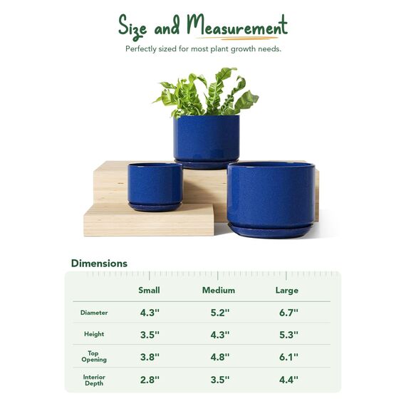 LE TAUCI 3er Pack Keramik Blumentöpfe, 11+13+17 cm Durchmesser Klein Übertöpfe Set, Blumentopf für Zimmerpflanzen mit Untersetzer und Abflussloch, Saphrine Blau
