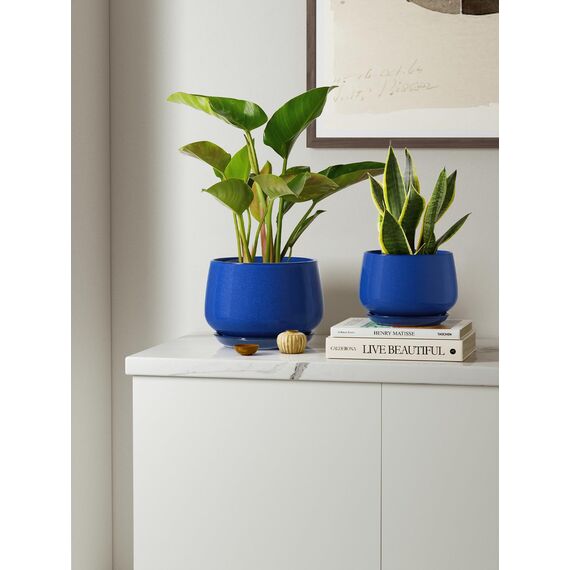 LE TAUCI Keramik Blumentöpfe mit Untersetzer, 10+13+16 cm Durchmesser Klein Blumentöpfe Set, 3er Set Übertöpfe für Zimmerpflanzen, Pflanztöpfe mit Abflussloch, Schatz Blau