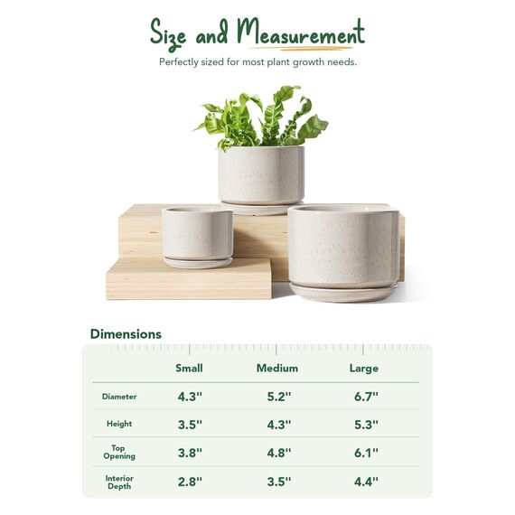 LE TAUCI 3er Pack Keramik Blumentöpfe, 11+13+17 cm Durchmesser Klein Übertöpfe Set, Blumentopf für Zimmerpflanzen mit Untersetzer und Abflussloch, Reaktive Glasur Beige