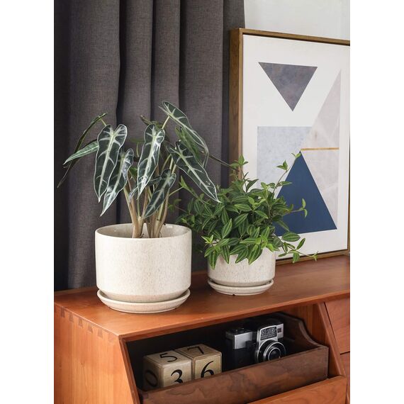 LE TAUCI 3er Pack Keramik Blumentöpfe, 11+13+17 cm Durchmesser Klein Übertöpfe Set, Blumentopf für Zimmerpflanzen mit Untersetzer und Abflussloch, Reaktive Glasur Beige