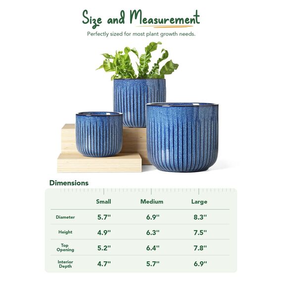 LE TAUCI 3er Set Blumentopf Keramik, 21+17+14 cm Durchmesser Ubertopf für Zimmerpflanzen, Plfanztopf mit Drainagelöchern, Mittelgroßer Zylinder Blumentopf, Reaktive Glasur Ozeanblau