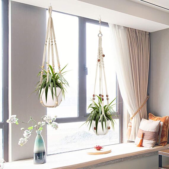 Augshy 2er Set Makramee Blumenampel Baumwollseil Hängeampel Blumentopf Pflanzen Halter Aufhänger für Innen Außen Decken mit 4 Haken