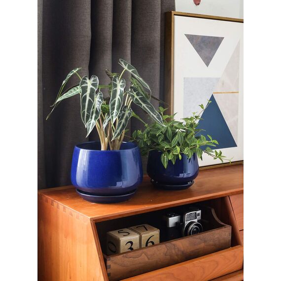 LE TAUCI Keramik Blumentöpfe mit Untersetzer, 10+13+16 cm Durchmesser Klein Blumentöpfe Set, 3er Set Übertöpfe für Zimmerpflanzen, Pflanztöpfe mit Abflussloch, Schatz Blau