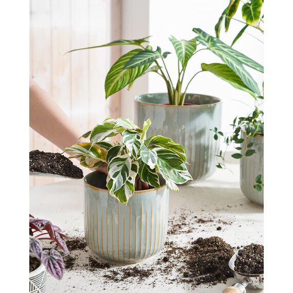 LE TAUCI 3er Set Blumentopf Keramik, 21+17+14 cm Durchmesser Ubertopf für Zimmerpflanzen, Plfanztopf mit Drainagelöchern, Mittelgroßer Zylinder Blumentopf, Reaktive Glasur Blaugrau