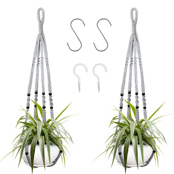 Augshy 2 Packungen Makramee-Hänge-Pflanzgefäß, Indoor-Hänge-Pflanzkorb mit Holzperlen, dekorativer Makramee-Topfhänger für Heimdekoration (grau)