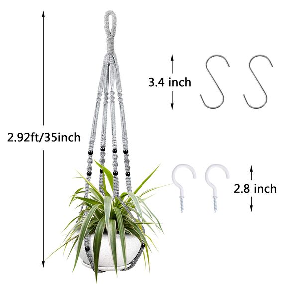 Augshy 2 Packungen Makramee-Hänge-Pflanzgefäß, Indoor-Hänge-Pflanzkorb mit Holzperlen, dekorativer Makramee-Topfhänger für Heimdekoration (grau)