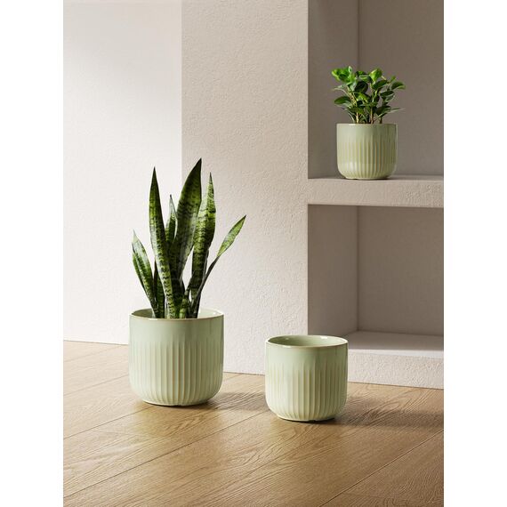 LE TAUCI 3er Set Blumentopf Keramik, 21+17+14 cm Durchmesser Ubertopf für Zimmerpflanzen, Plfanztopf mit Drainagelöchern, Mittelgroßer Zylinder Blumentopf, Reaktive Glasur Salbeigrün