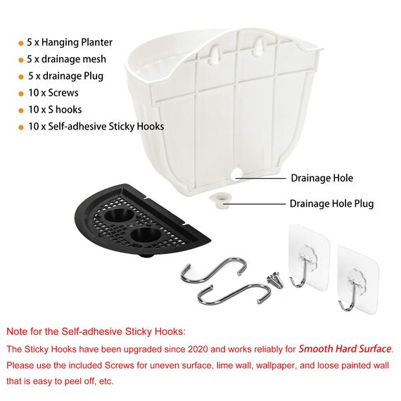 5er Pflanzgefäß aus Kunstharz zum Aufhängen an der Wand vertikaler Garten Wohnzimmer Wandmontage Fensteraufhängung Küche Kräuter Balkon Geländer Regal Zaun Gitter für Innen- und Außenbereich weiß