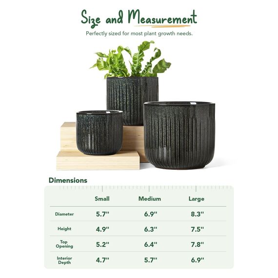 LE TAUCI 3er Set Blumentopf Keramik, 21+17+14 cm Durchmesser Ubertopf für Zimmerpflanzen, Plfanztopf mit Drainagelöchern, Mittelgroßer Zylinder Blumentopf, Reaktive Glasur Dunkeloliv