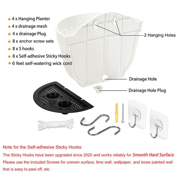 4er Harz Wandbehang Pflanzgefäß vertikaler Garten Wohnzimmer Wandhalterung Fenster hängen Indoor Outdoor Pflanze Blumenkorb für Küche Kräuter Balkon Geländer Regal Zaun Schlafzimmer Gitter Dekor weiß