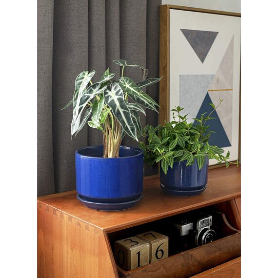 LE TAUCI 3er Pack Keramik Blumentöpfe, 11+13+17 cm Durchmesser Klein Übertöpfe Set, Blumentopf für Zimmerpflanzen mit Untersetzer und Abflussloch, Saphrine Blau