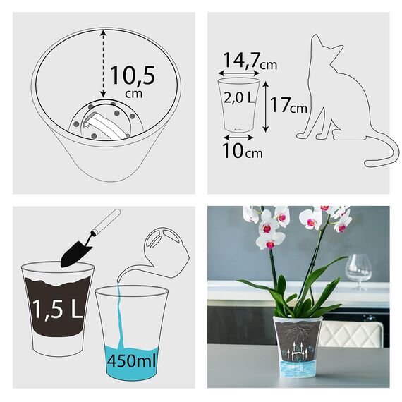 Santino 2er-Set Orchideentopf transparent mit selbstbewässerndem Dochtsystem - D 15 cm - Transparent - 2 L